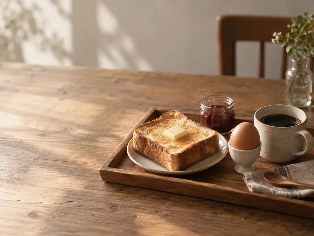 トースト、ジャム、ゆで卵、コーヒーが並んだ朝のセット